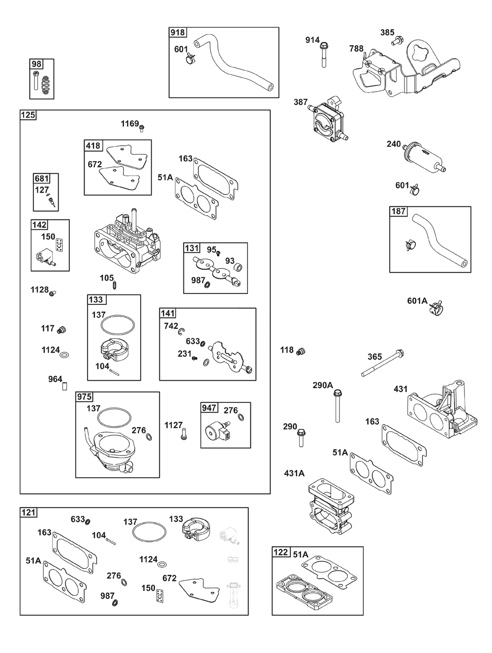 Carburetor And Fuel Supply Group Diagram and Parts List for 543477-0019-J1 400000 - 699999 Briggs and Stratton Engine